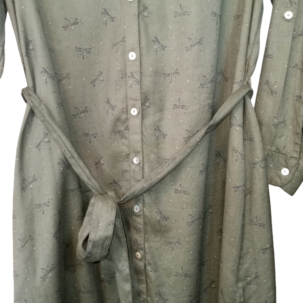 Fat Face Boho Button Down Shirt Dress Dragonfly Print Olive Green Size 8 - Picture 6 of 13